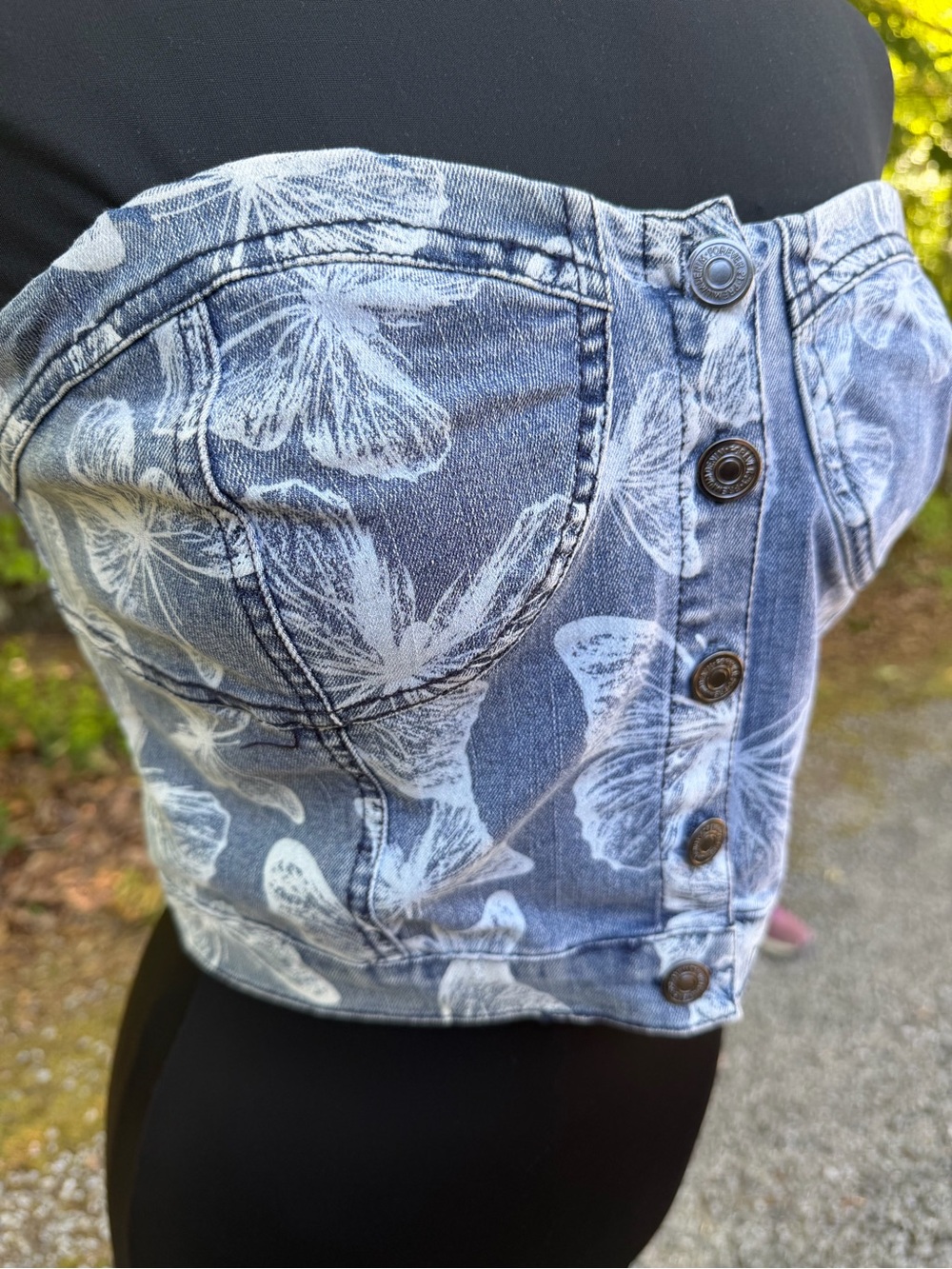 Forever 21 Blue Denim Strapless Bustier with White Floral Print